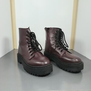 Qupid Burgundy Chunky Combat Boots Lug Sole Lace Up Moto Goth 90s Size 6